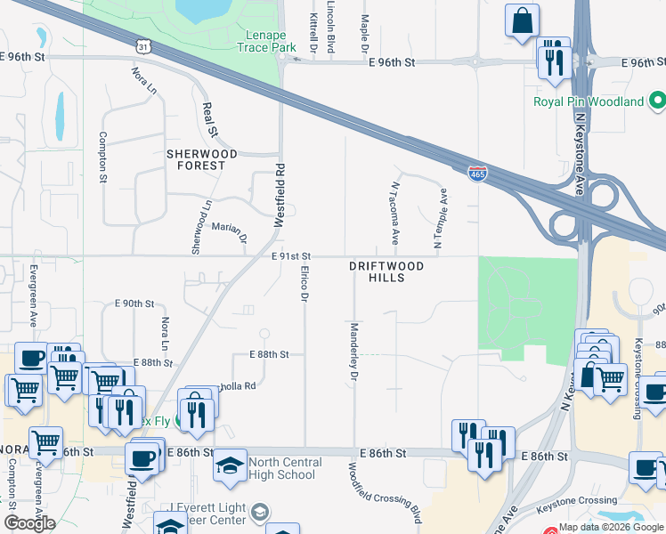 map of restaurants, bars, coffee shops, grocery stores, and more near 2119 East 91st Street in Indianapolis