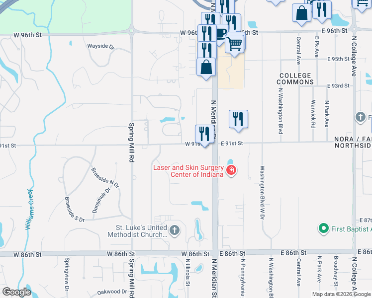 map of restaurants, bars, coffee shops, grocery stores, and more near 91 West 91st Street in Indianapolis