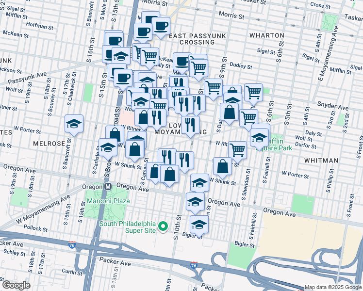 map of restaurants, bars, coffee shops, grocery stores, and more near 2407 South Warnock Street in Philadelphia