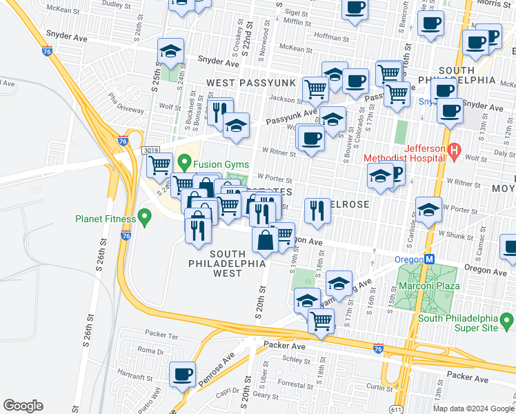 map of restaurants, bars, coffee shops, grocery stores, and more near 2026 West Shunk Street in Philadelphia