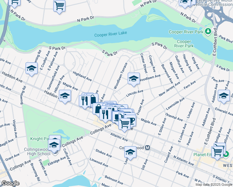 map of restaurants, bars, coffee shops, grocery stores, and more near 210 Woodlawn Avenue in Collingswood