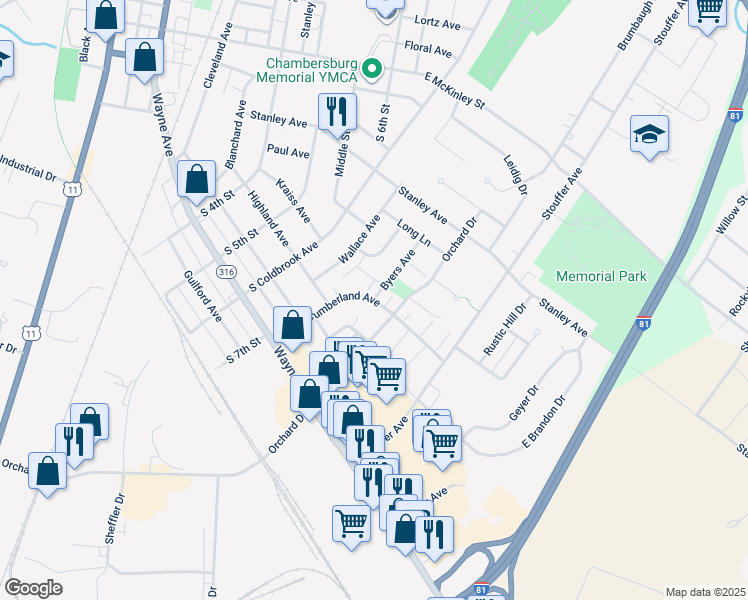 map of restaurants, bars, coffee shops, grocery stores, and more near 760 Cumberland Avenue in Chambersburg
