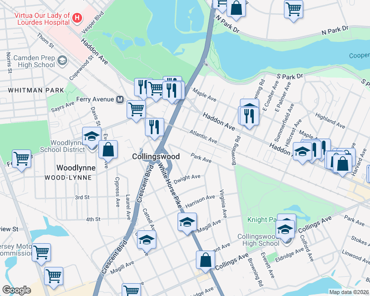 map of restaurants, bars, coffee shops, grocery stores, and more near 100 West Narberth Terrace in Collingswood