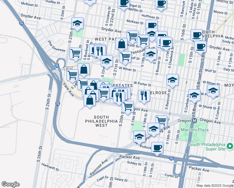 map of restaurants, bars, coffee shops, grocery stores, and more near 2026 West Shunk Street in Philadelphia