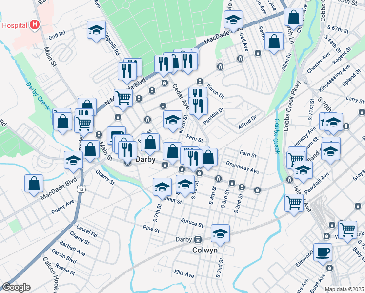 map of restaurants, bars, coffee shops, grocery stores, and more near 621 Greenway Avenue in Darby