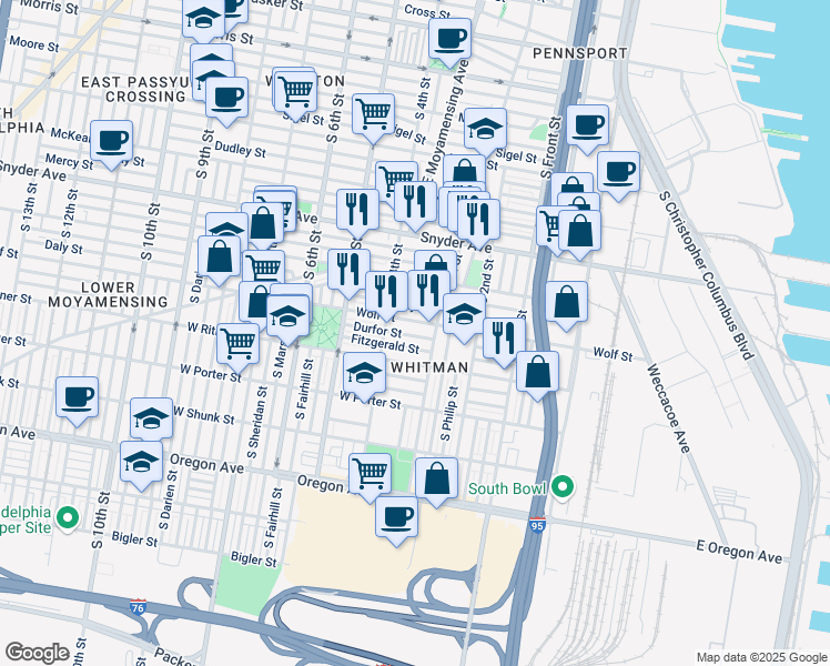 map of restaurants, bars, coffee shops, grocery stores, and more near 332 Wolf Street in Philadelphia