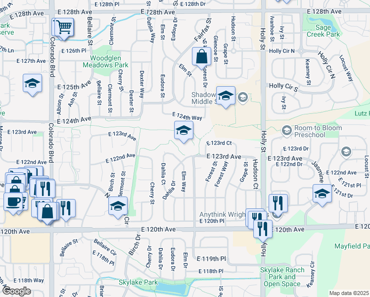 map of restaurants, bars, coffee shops, grocery stores, and more near 5021 East 123rd Avenue in Thornton