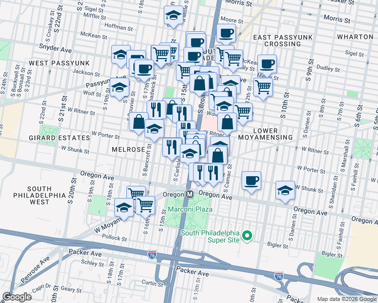 map of restaurants, bars, coffee shops, grocery stores, and more near 1410 West Porter Street in Philadelphia
