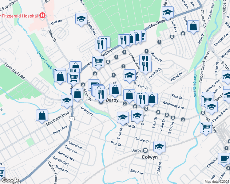 map of restaurants, bars, coffee shops, grocery stores, and more near 111 Verlenden Avenue in Darby