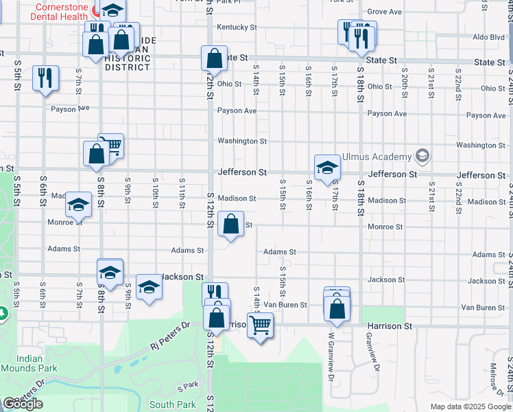 map of restaurants, bars, coffee shops, grocery stores, and more near 1400 Madison Street in Quincy