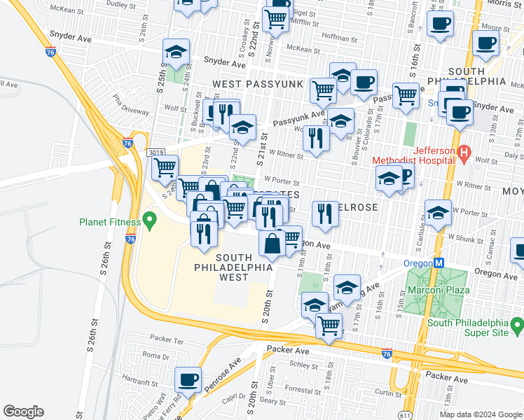 map of restaurants, bars, coffee shops, grocery stores, and more near 2030 West Shunk Street in Philadelphia