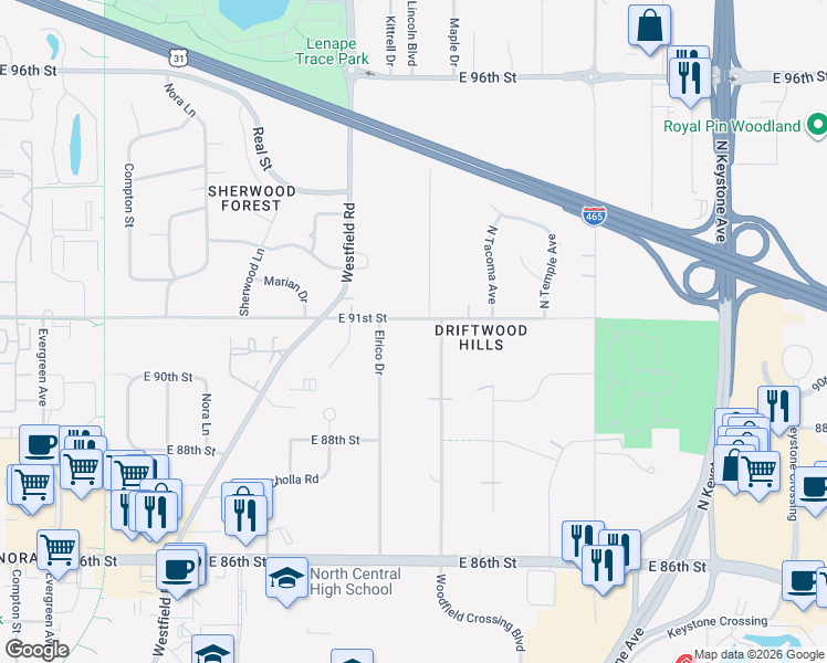 map of restaurants, bars, coffee shops, grocery stores, and more near 2119 East 91st Street in Indianapolis