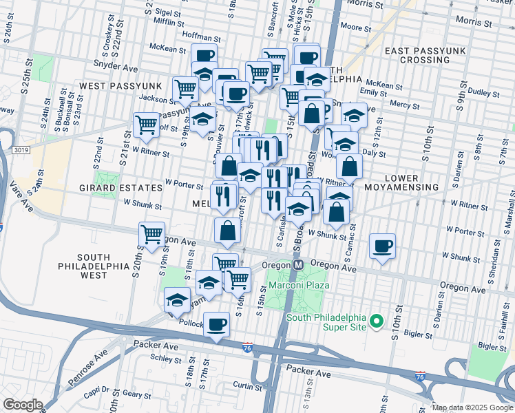 map of restaurants, bars, coffee shops, grocery stores, and more near 2516 South Mole Street in Philadelphia