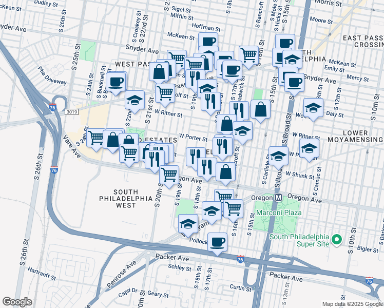 map of restaurants, bars, coffee shops, grocery stores, and more near 2530 South Cleveland Street in Philadelphia
