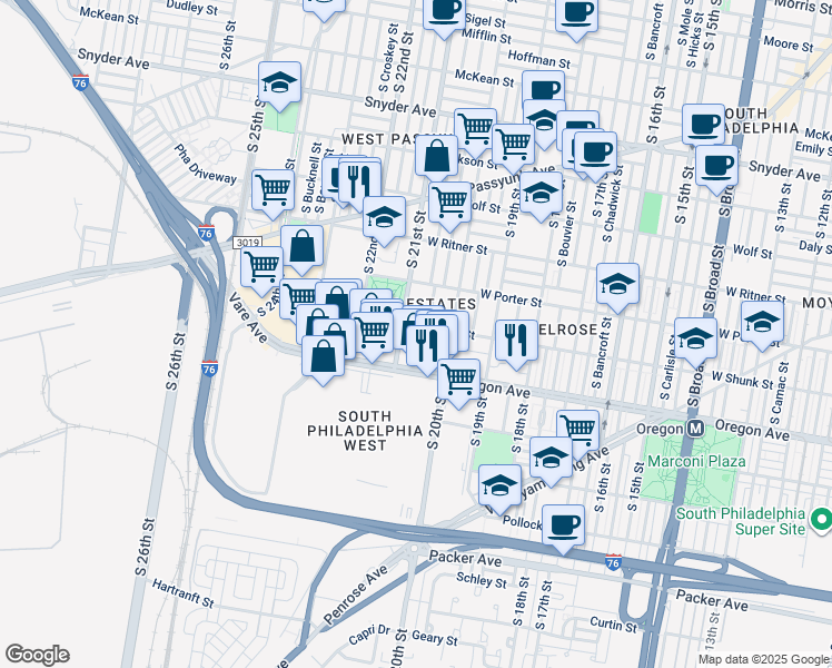 map of restaurants, bars, coffee shops, grocery stores, and more near 2030 West Shunk Street in Philadelphia