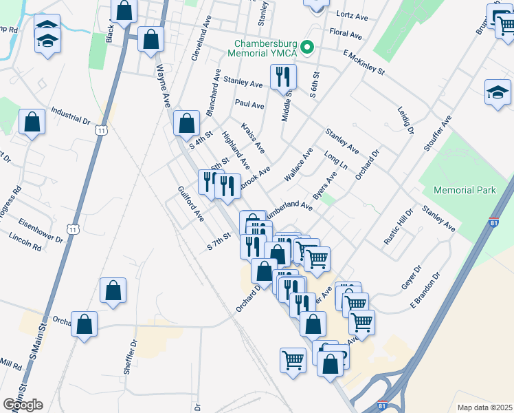 map of restaurants, bars, coffee shops, grocery stores, and more near 659 Cumberland Avenue in Chambersburg