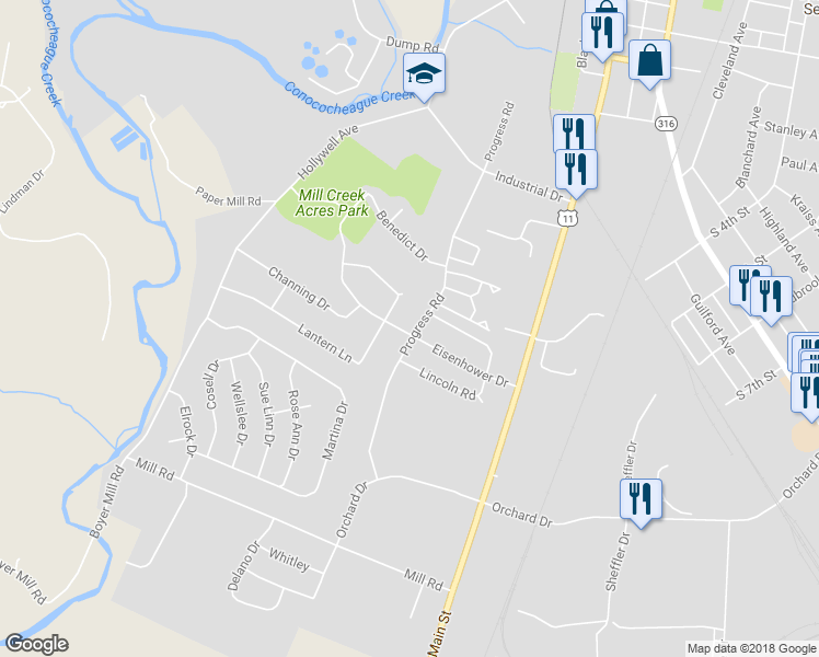 map of restaurants, bars, coffee shops, grocery stores, and more near 1093 Progress Road in Chambersburg