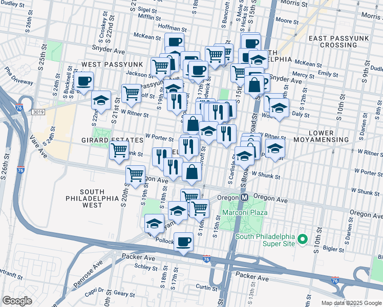 map of restaurants, bars, coffee shops, grocery stores, and more near 2529 South 17th Street in Philadelphia