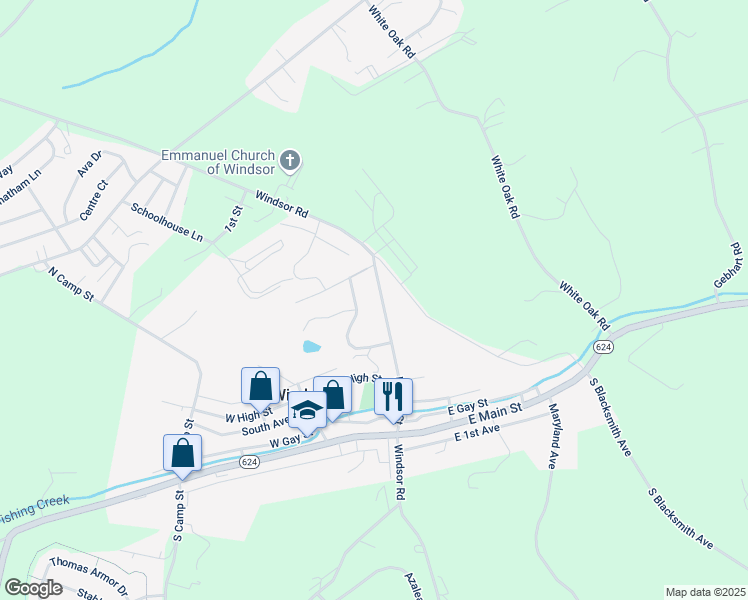 map of restaurants, bars, coffee shops, grocery stores, and more near 78 N Penn St in Windsor