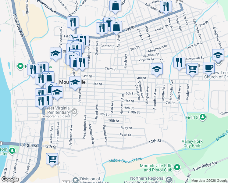 map of restaurants, bars, coffee shops, grocery stores, and more near 1314 6th St in Moundsville