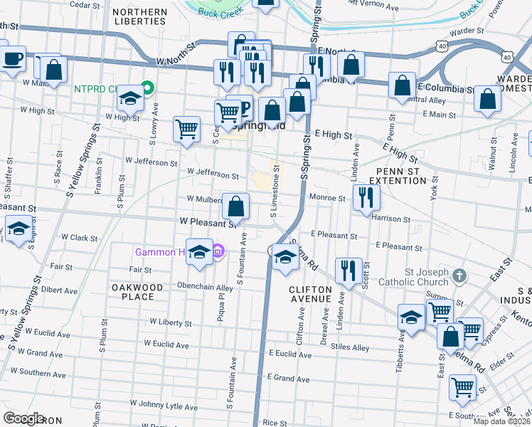 map of restaurants, bars, coffee shops, grocery stores, and more near 29 E Mulberry St in Springfield