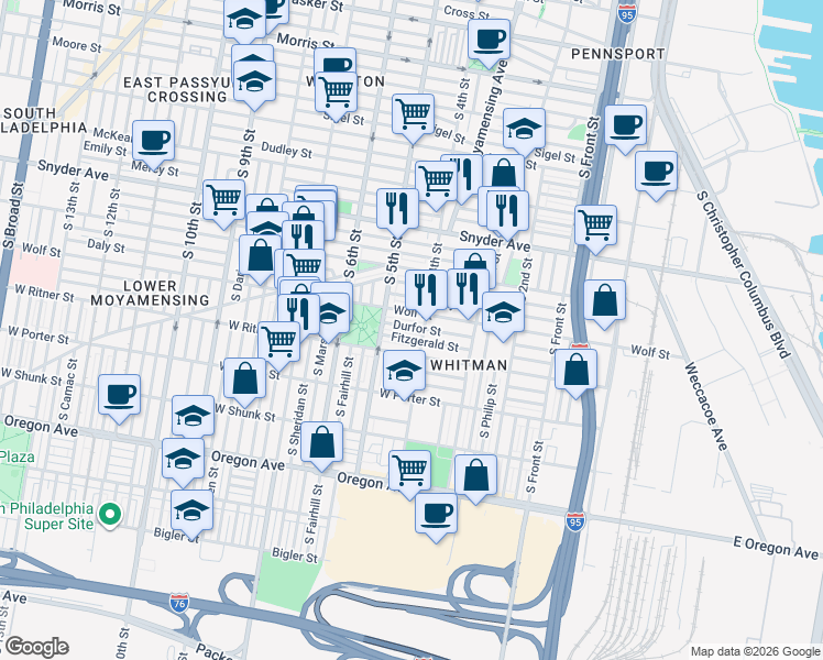 map of restaurants, bars, coffee shops, grocery stores, and more near 413 Durfor Street in Philadelphia