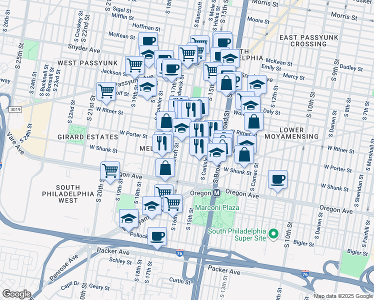 map of restaurants, bars, coffee shops, grocery stores, and more near 2516 South Mole Street in Philadelphia