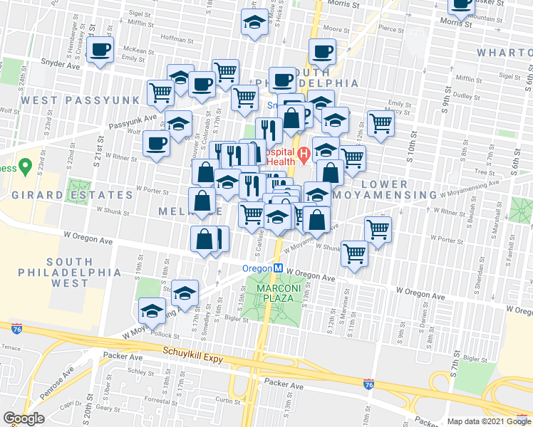 map of restaurants, bars, coffee shops, grocery stores, and more near 1424 West Porter Street in Philadelphia