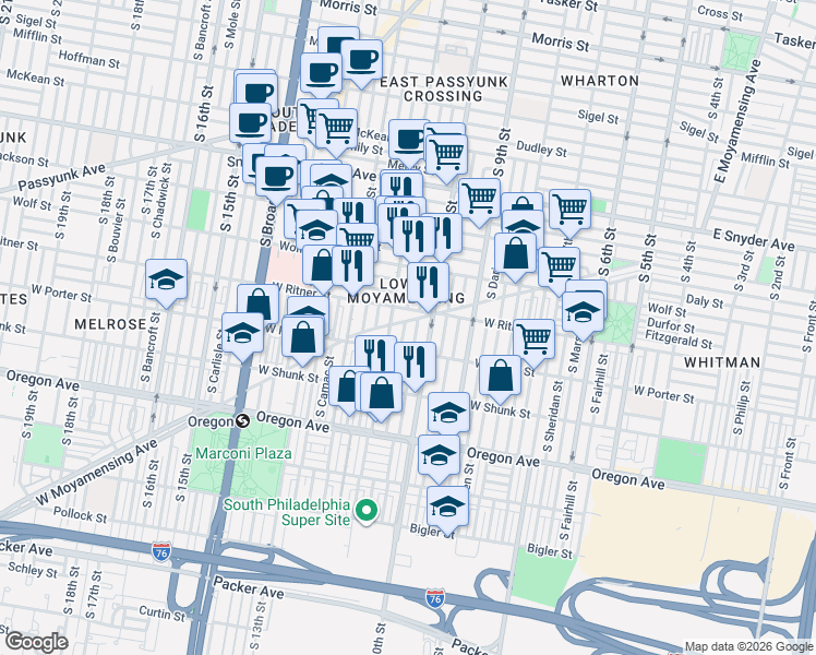 map of restaurants, bars, coffee shops, grocery stores, and more near 1032 West Moyamensing Avenue in Philadelphia