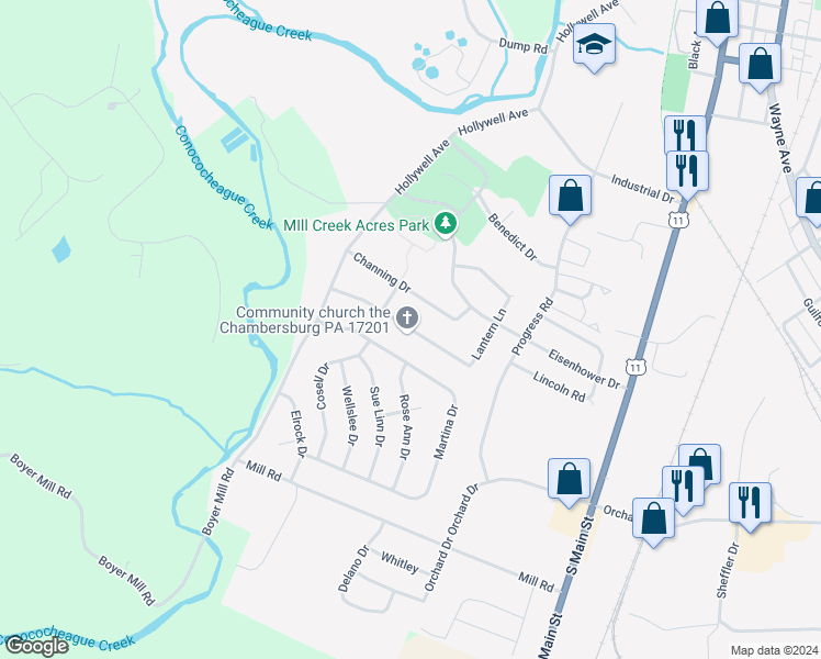 map of restaurants, bars, coffee shops, grocery stores, and more near 469 Lantern Lane in Chambersburg