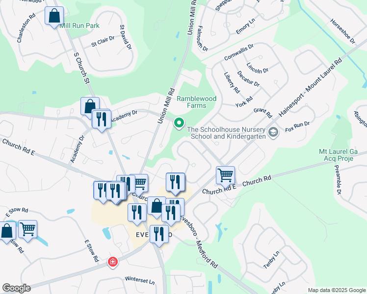 map of restaurants, bars, coffee shops, grocery stores, and more near 843 Lafayette Drive in Mount Laurel Township