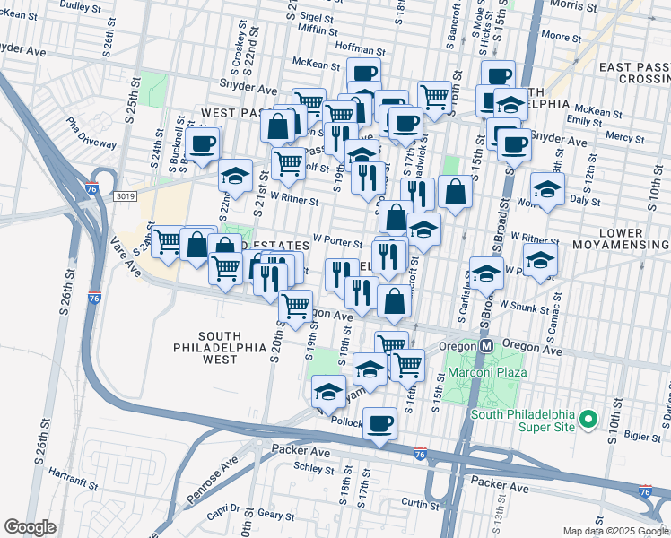 map of restaurants, bars, coffee shops, grocery stores, and more near 2530 South Cleveland Street in Philadelphia