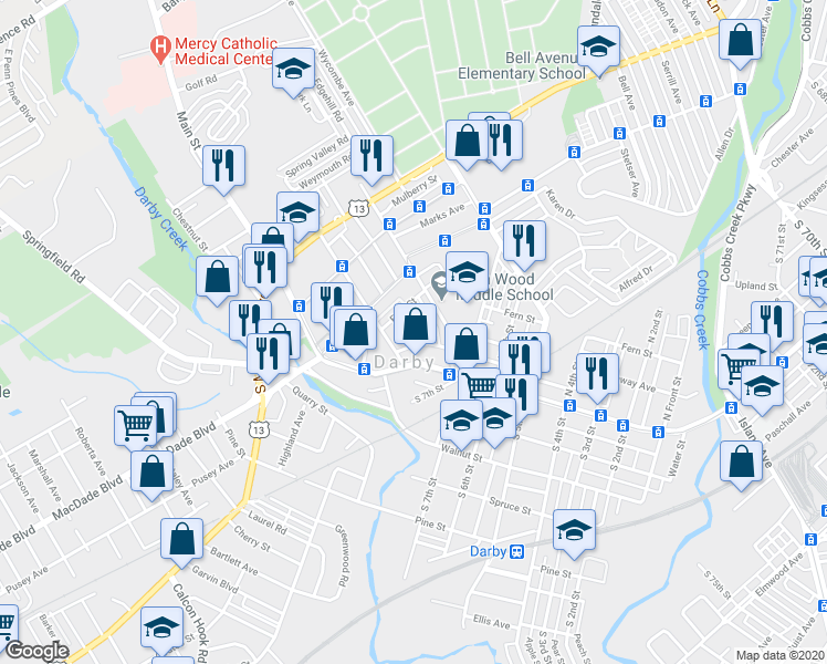 map of restaurants, bars, coffee shops, grocery stores, and more near 111 Verlenden Avenue in Darby