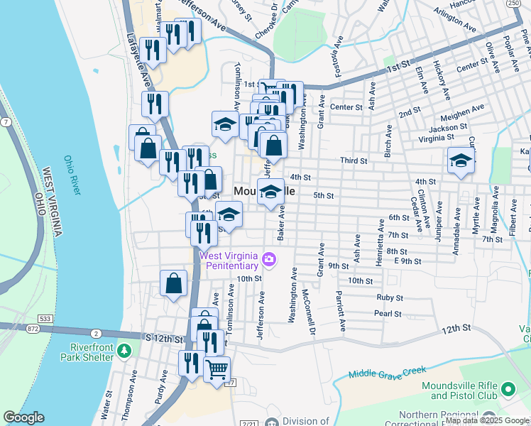 map of restaurants, bars, coffee shops, grocery stores, and more near 609 Jefferson Avenue in Moundsville