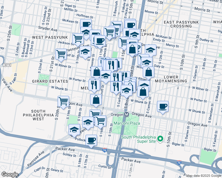 map of restaurants, bars, coffee shops, grocery stores, and more near 2515 South Mole Street in Philadelphia