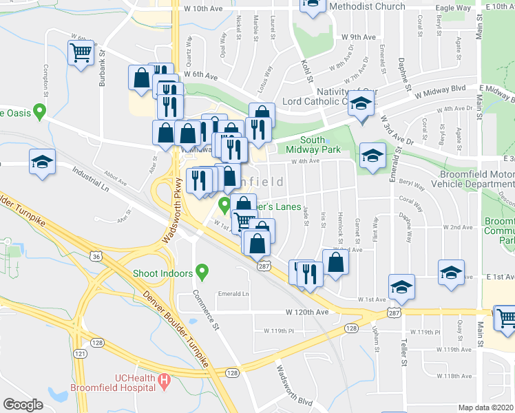 map of restaurants, bars, coffee shops, grocery stores, and more near 290 Marble Street in Broomfield