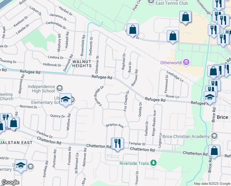 map of restaurants, bars, coffee shops, grocery stores, and more near 5390 Adderley Avenue in Columbus