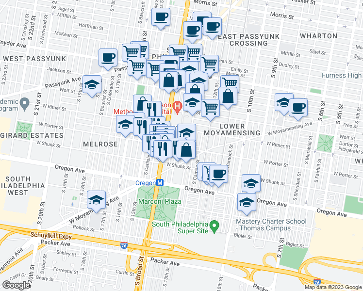 map of restaurants, bars, coffee shops, grocery stores, and more near 1315 West Porter Street in Philadelphia