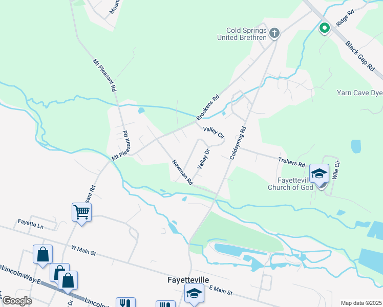 map of restaurants, bars, coffee shops, grocery stores, and more near 4522 Valley Circle in Fayetteville