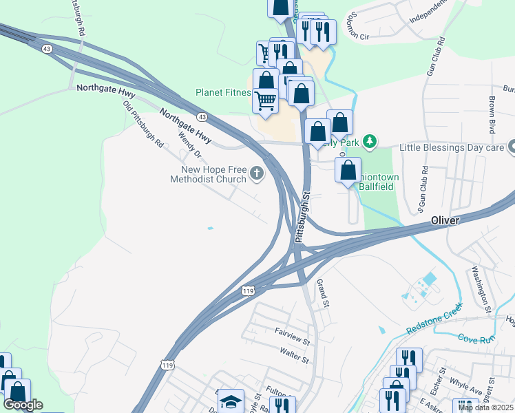 map of restaurants, bars, coffee shops, grocery stores, and more near 240 Old Pittsburgh Road in Uniontown
