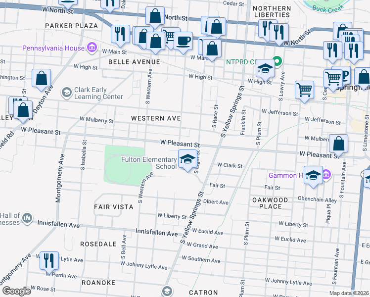 map of restaurants, bars, coffee shops, grocery stores, and more near 727 West Pleasant Street in Springfield