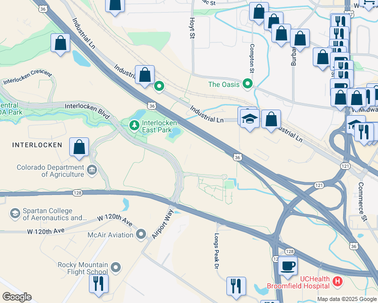 map of restaurants, bars, coffee shops, grocery stores, and more near 105 Edgeview Drive in Broomfield
