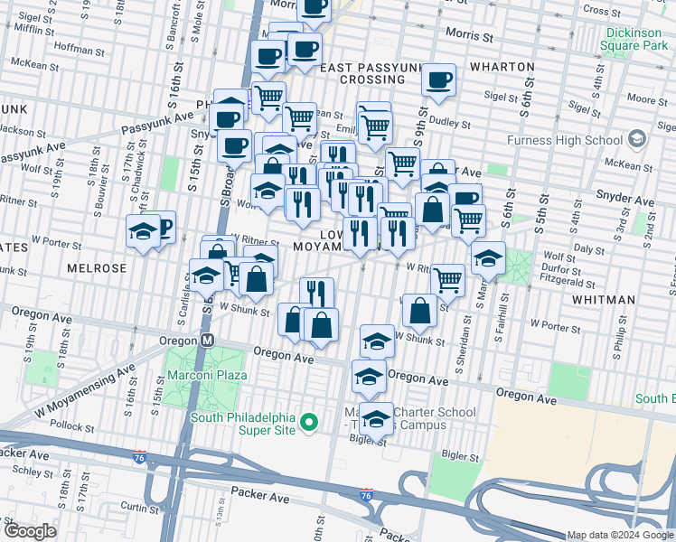 map of restaurants, bars, coffee shops, grocery stores, and more near 1032 West Moyamensing Avenue in Philadelphia
