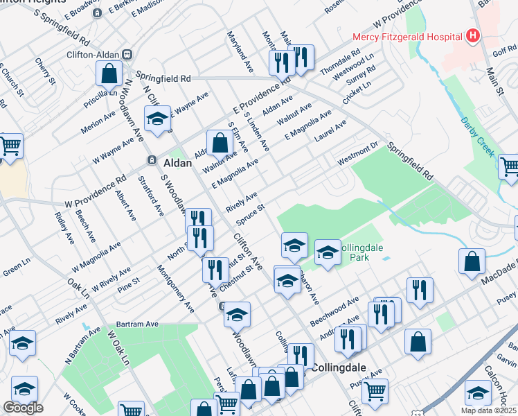 map of restaurants, bars, coffee shops, grocery stores, and more near 703 Spruce Street in Collingdale