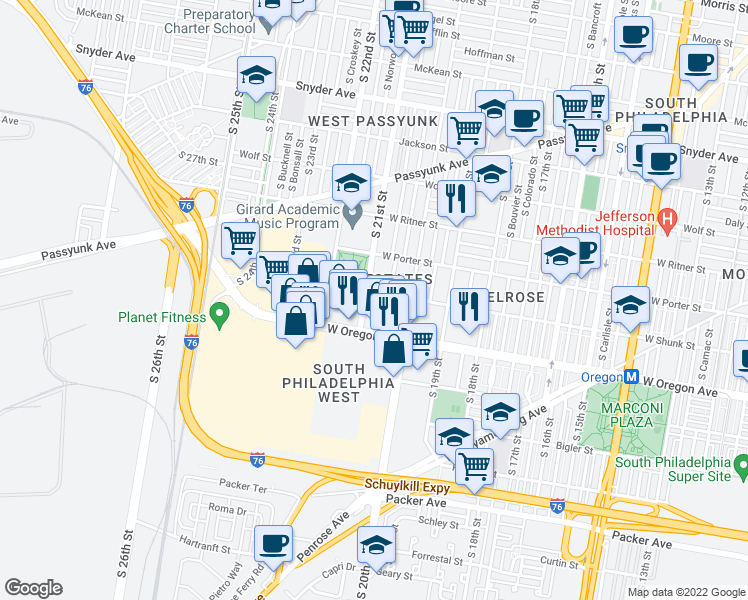 map of restaurants, bars, coffee shops, grocery stores, and more near 2034 West Shunk Street in Philadelphia
