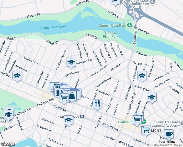 map of restaurants, bars, coffee shops, grocery stores, and more near 213 New Jersey Avenue in Collingswood