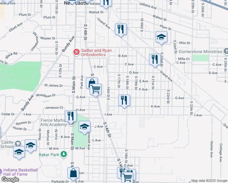 map of restaurants, bars, coffee shops, grocery stores, and more near 1625 F Avenue in New Castle