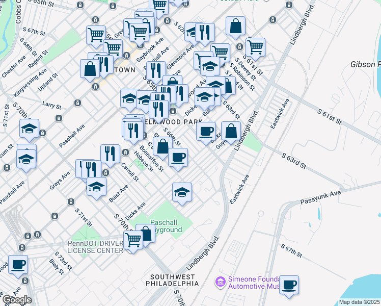 map of restaurants, bars, coffee shops, grocery stores, and more near 2649 South 66th Street in Philadelphia