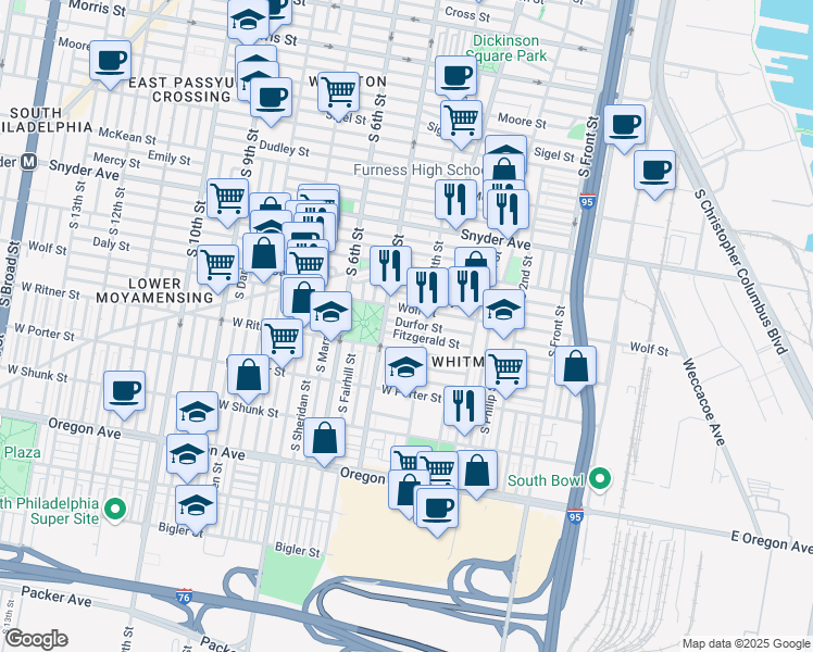 map of restaurants, bars, coffee shops, grocery stores, and more near 424 Durfor Street in Philadelphia