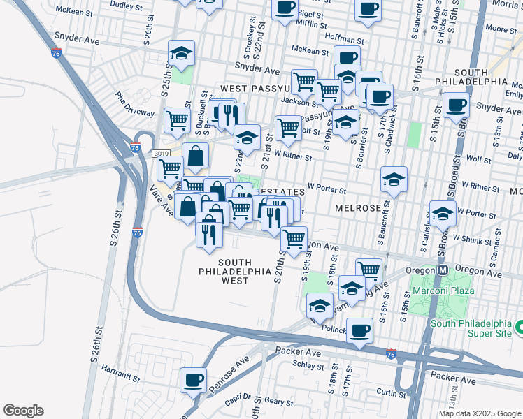 map of restaurants, bars, coffee shops, grocery stores, and more near 2036 West Shunk Street in Philadelphia